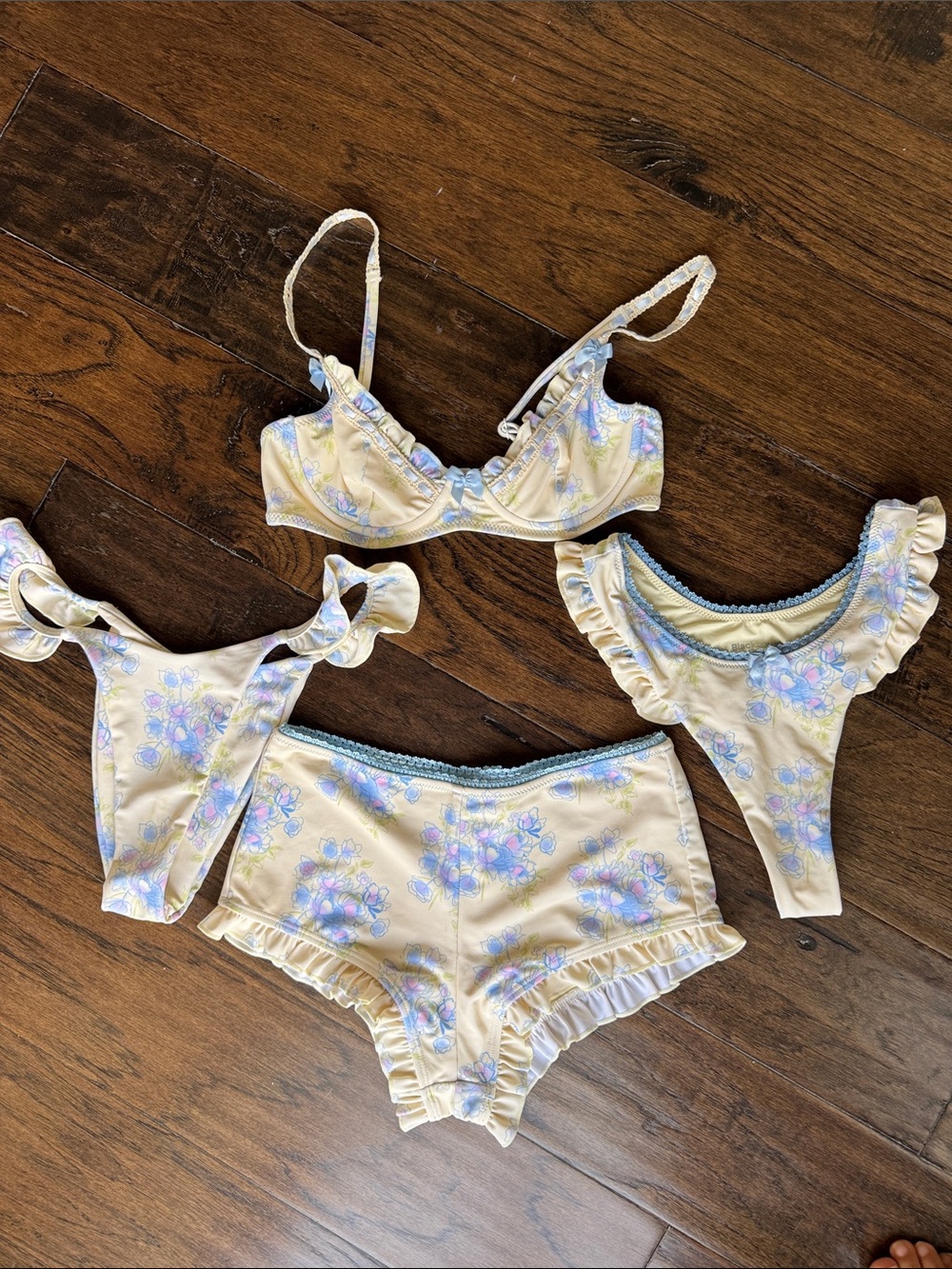 Blackbough Cream Floral Ruffle Bikini Set with Pastel Blue & Lavender Print